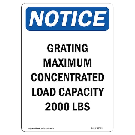 Signmission OSHA Notice Sign, 18" Height, Rigid Plastic, NOTICE Grating Maximum Concentrated Sign, Portrait OS-NS-P-1218-V-15750